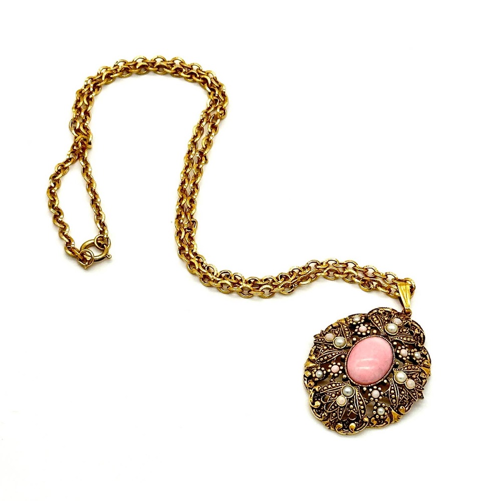 Western Antique for Avon Pink Victorian Revival Pendant Necklace Faux Sd Pearls